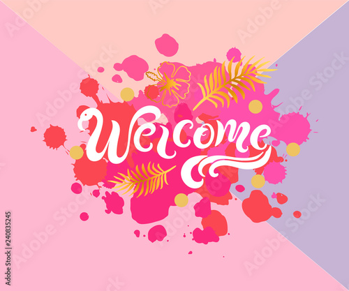Handwritten lettering Welcome like flamingo isolated on pink background. Vector illustration for party invitation, banner, poster, birthday, web, baby shower.