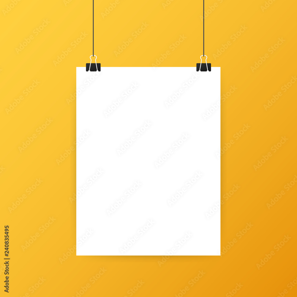 White posters hanging on binder. Grey wall with mock up empty paper blank. Vector illustration. White posters hanging on binder. Grey wall with mock up empty paper blank. Vector illustration.