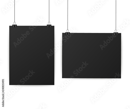 Black posters hanging on binder. Grey wall with mock up empty paper blank. Vector illustration.