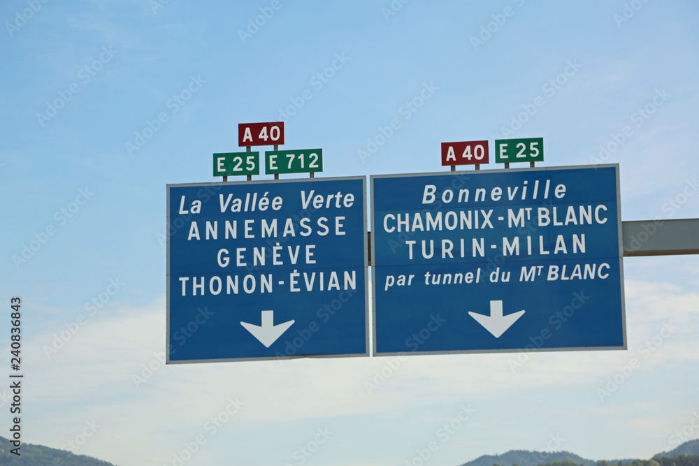 French road sign with directions to the Mont Blanc tunnel on the