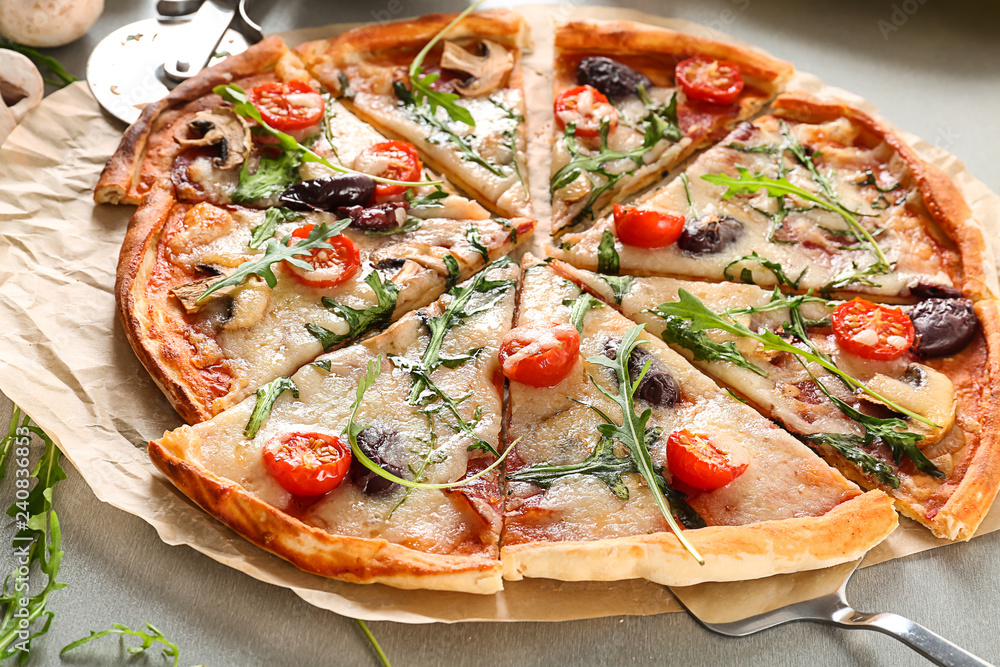 Delicious pizza on table, closeup Delicious pizza on table, closeup