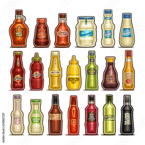 Vector set of isolated Bottles, 20 cut out outline containers with gourmet sauces product, healthy maple syrup, egg mayonnaise, delicious ketchup, dijon mustard, apple cider and white wine vinegar.