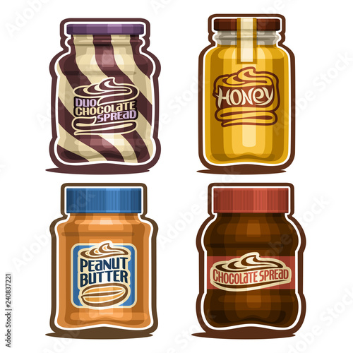 Vector set of isolated Jars, 4 cut out outline containers with sweet organic product, swirl dairy and choco paste for kids, healthy golden honey with lid, peanut butter and chocolate spread on white.