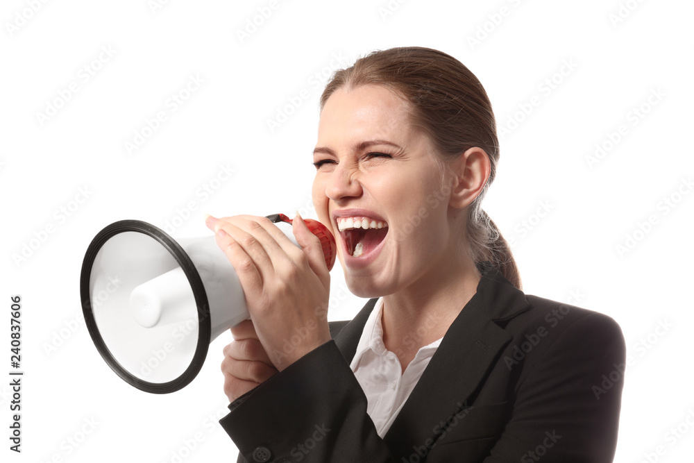 Businesswoman with megaphone on white background Businesswoman with megaphone on white background