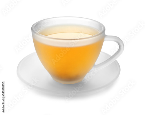 Cup of hot tea on white background