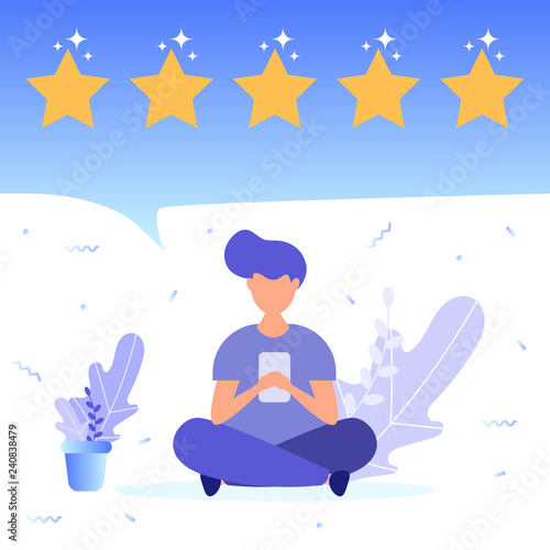 Boy give positive feedback. Concept of feedback, good review, 5 star rating. Vector Illustration for web page, landing, poster, flyer, banner, presentation, social media.