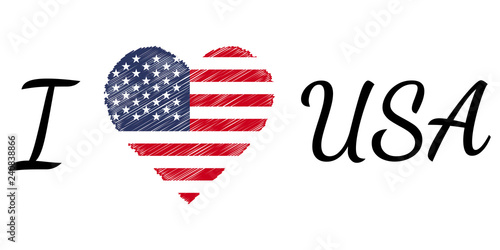 I love country usa america, text heart Doodle, vector calligraphic text, I love usa america flag heart patriot
