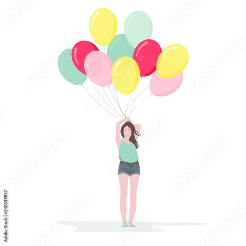 Beautiful young girl with a bunch of colorful balloons, vector illustration in flat style.