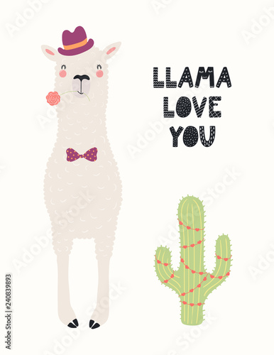 Hand drawn Valentines day card with cute funny llama in hat, bow tie, cactus, text Llama love you. Vector illustration. Scandinavian style flat design. Concept for celebration, invite, children print.