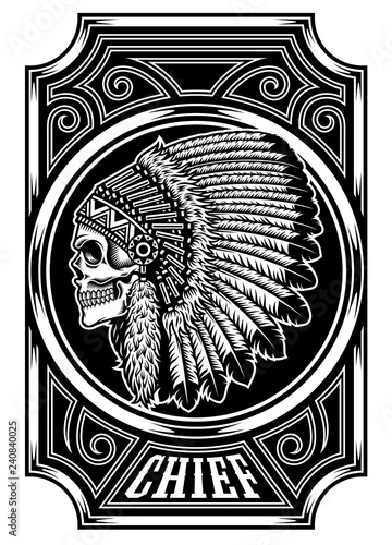 Native American Indian Chief Skull in Black and White
