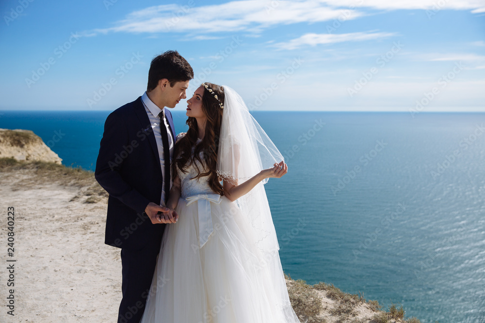 Beautiful couple of newlywed hugging at wedding day on cliff with ocean view