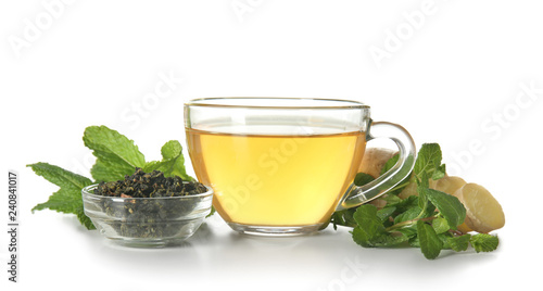 Cup of tea with ginger on white background. Weight loss concept