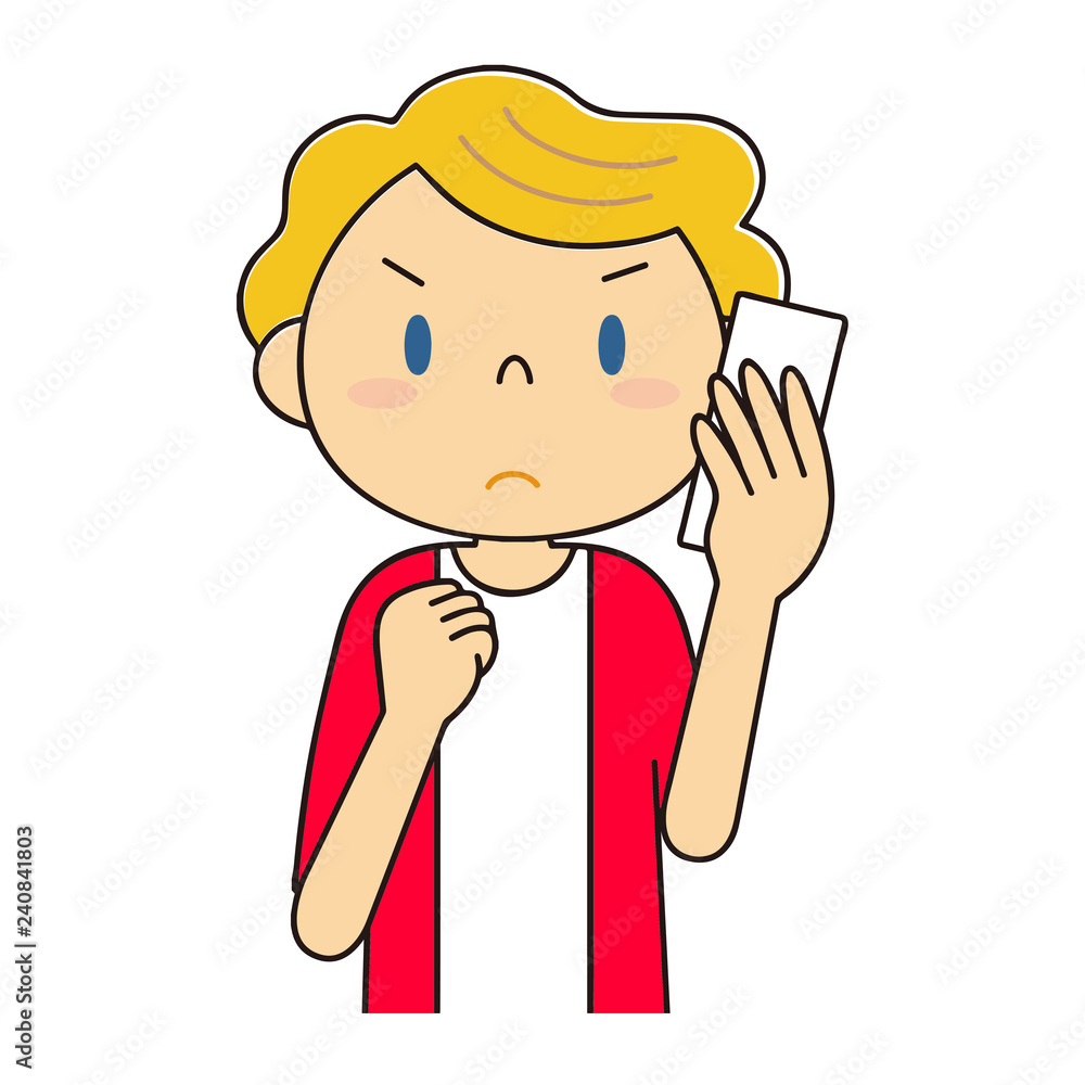 電話をしながら握りこぶしをしている外国人女性