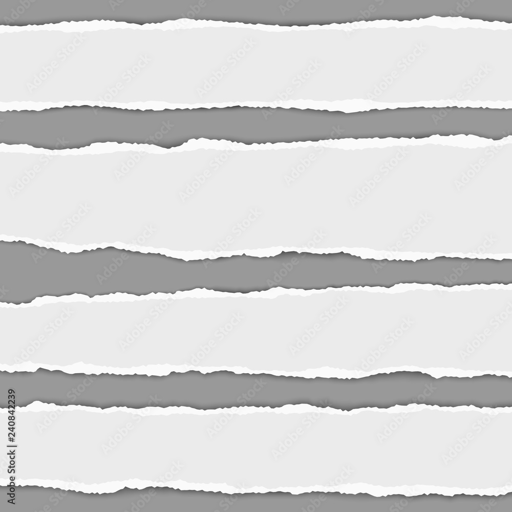 Torn paper stripes with shadow placed on gray background. Vector realistic ripped paper notes.
