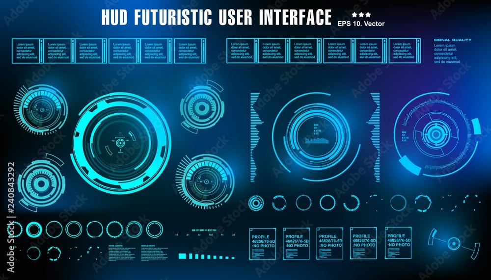HUD futuristic blue user interface, dashboard display virtual reality technology screen, target HUD futuristic blue user interface, dashboard display virtual reality technology screen, target