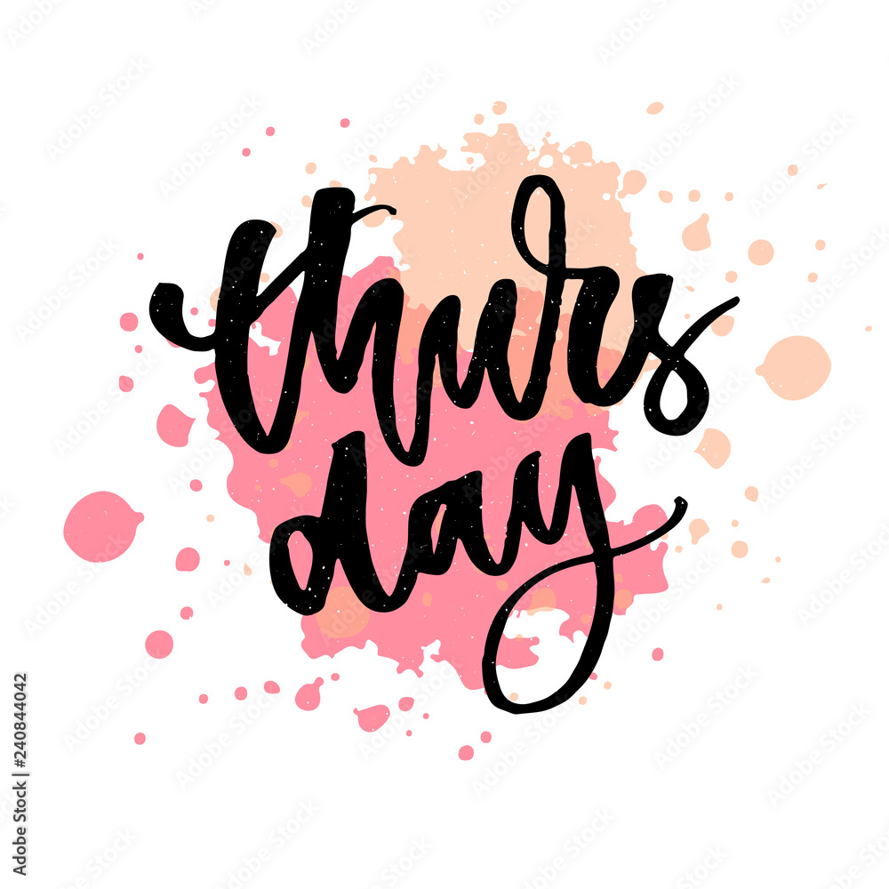 Thursday letteing on digital watercolor style colorful background, set of collection days of week