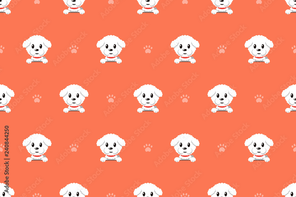 Vector cartoon character bichon frise dog seamless pattern for design.