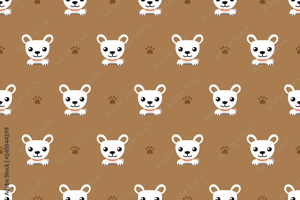 Vector cartoon character white cute dog seamless pattern for design.