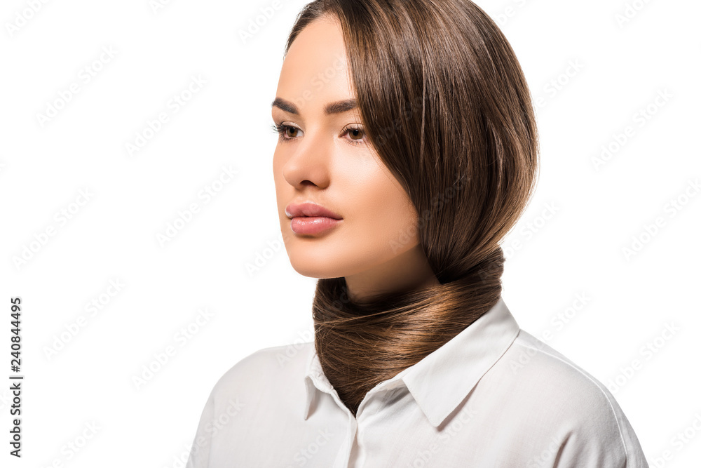 attractive girl with long hair around neck isolated on white attractive girl with long hair around neck isolated on white