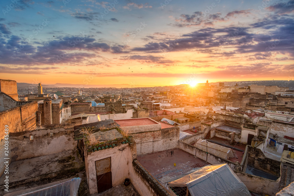 View of the old Medina in Fez ( Fes El Bali ) , Morocco at sunrise. The ancient city and the oldest capital of Morocco. One of the Imperial cities of Morocco. unesco world heritage site