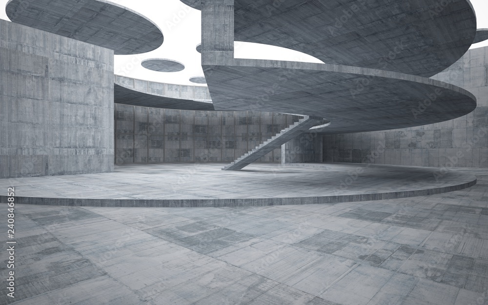 Abstract concrete interior multilevel public space with window. 3D illustration and rendering. Abstract concrete interior multilevel public space with window. 3D illustration and rendering.