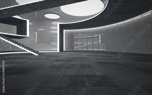 Abstract white and concrete interior multilevel public space with neon lighting. 3D illustration and rendering.