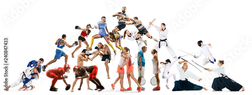 Attack. Sport collage about kickboxing, soccer, american football, aikido, rugby, judo, fencing, badminton and tennis and boxing on white background