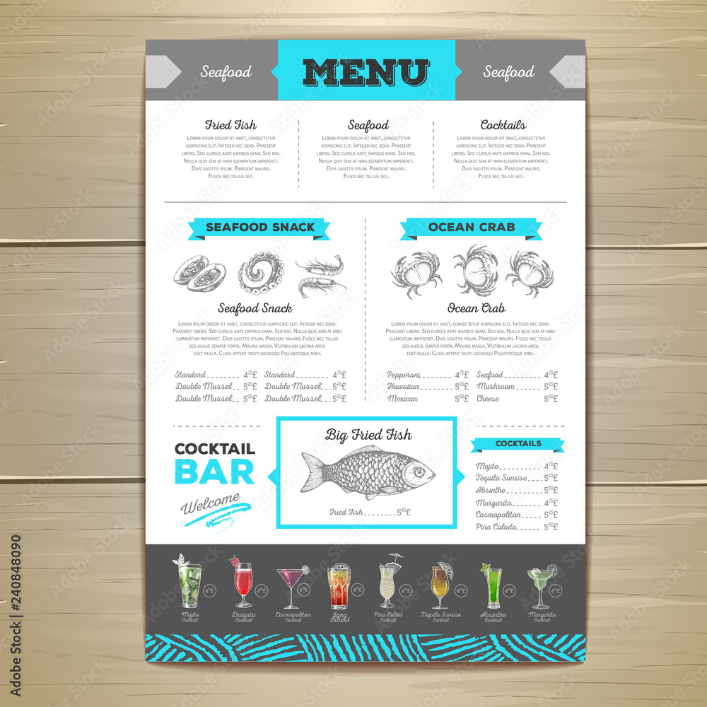Obraz premium Vintage seafood menu design.