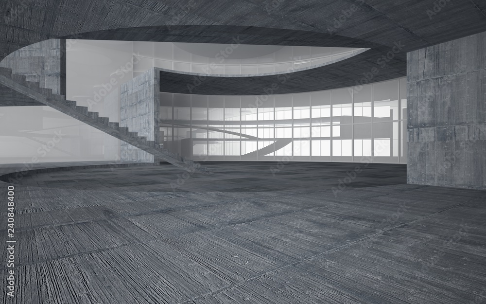 Abstract white and concrete interior multilevel public space with window. 3D illustration and rendering. Abstract white and concrete interior multilevel public space with window. 3D illustration and rendering.