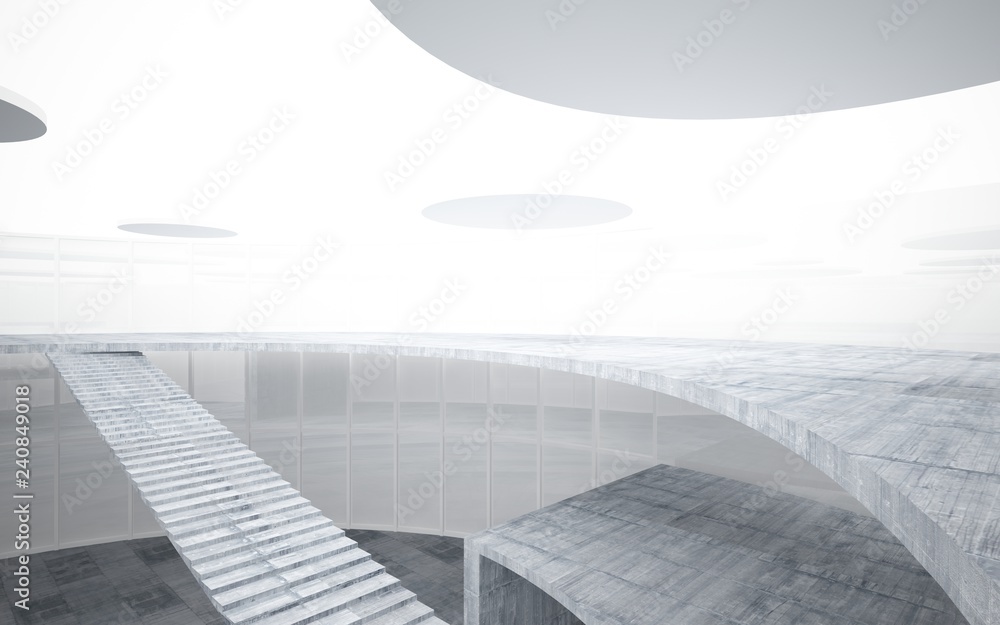 Abstract white and concrete interior multilevel public space with window. 3D illustration and rendering. Abstract white and concrete interior multilevel public space with window. 3D illustration and rendering.