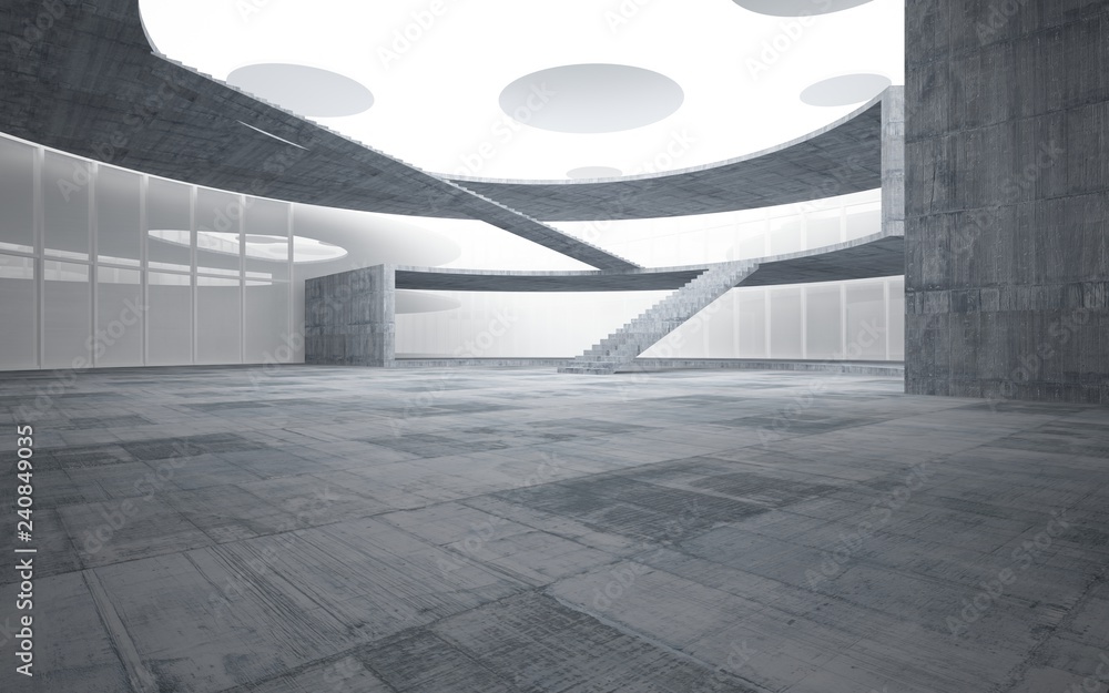 Abstract white and concrete interior multilevel public space with window. 3D illustration and rendering. Abstract white and concrete interior multilevel public space with window. 3D illustration and rendering.