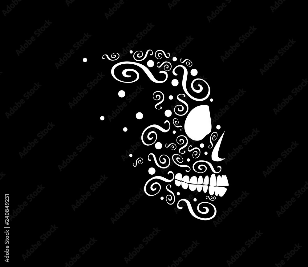 Artistic skull icon with ornament details, black and white backgrouund vector Artistic skull icon with ornament details, black and white backgrouund vector