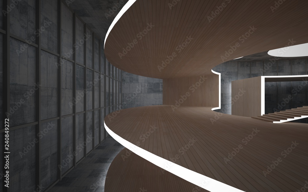 Obraz premium Abstract concrete and wood interior multilevel public space with neon lighting. 3D illustration and rendering.