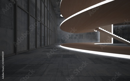 Fototapeta Naklejka Na Ścianę i Meble -  Abstract  concrete and wood interior multilevel public space with neon lighting. 3D illustration and rendering.