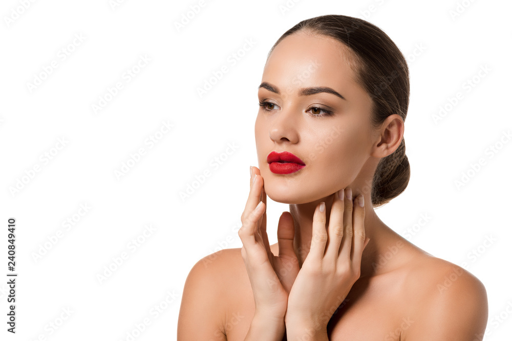 beautiful girl with naked shoulders touching face isolated on white beautiful girl with naked shoulders touching face isolated on white