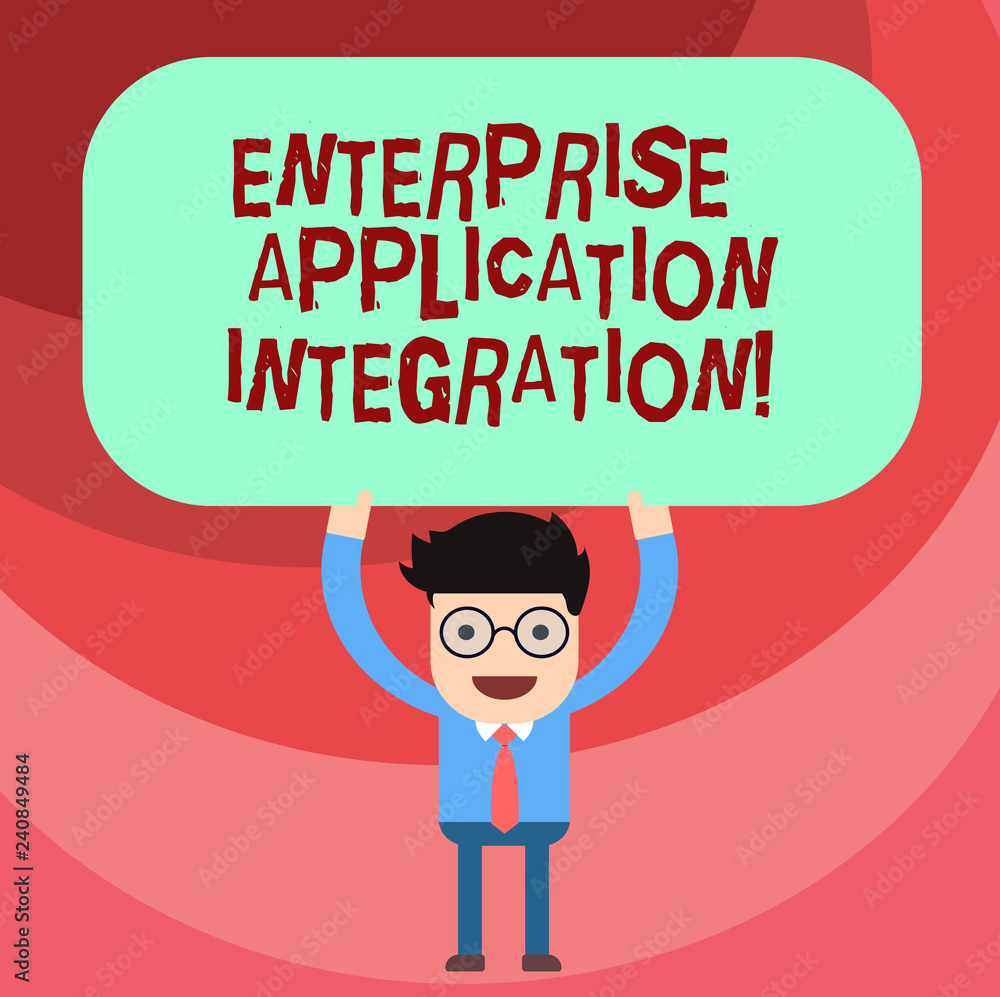 Word writing text Enterprise Application Integration. Business concept for connecting enterprise applications Man Standing Holding Above his Head Blank Rectangular Colored Board Word writing text Enterprise Application Integration. Business concept for connecting enterprise applications Man Standing Holding Above his Head Blank Rectangular Colored Board