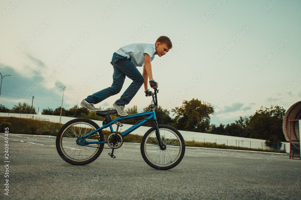 Obraz premium Spectacular cycle tricks of young freerider boy