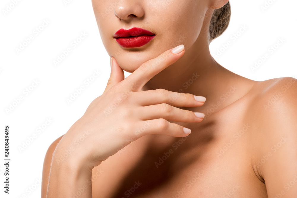 cropped view of girl with red lips touching chin isolated on white cropped view of girl with red lips touching chin isolated on white