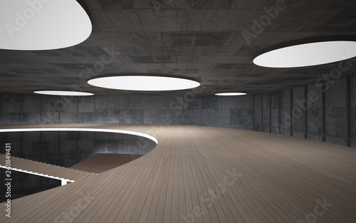Abstract concrete and wood interior multilevel public space with neon lighting. 3D illustration and rendering.