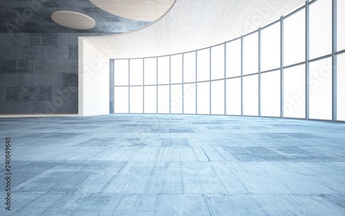 Abstract  concrete and wood interior multilevel public space with window. 3D illustration and rendering.