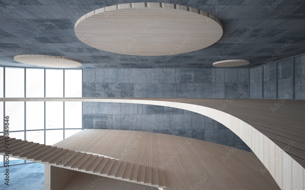 Obraz premium Abstract concrete and wood interior multilevel public space with window. 3D illustration and rendering.