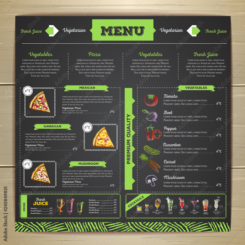 Fototapeta premium Vintage chalk drawing vegetarian food menu design.