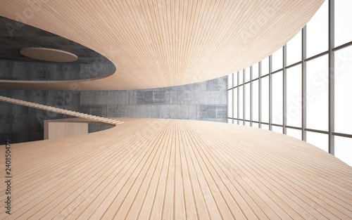 Fototapeta Naklejka Na Ścianę i Meble -  Abstract  concrete and wood interior multilevel public space with window. 3D illustration and rendering.