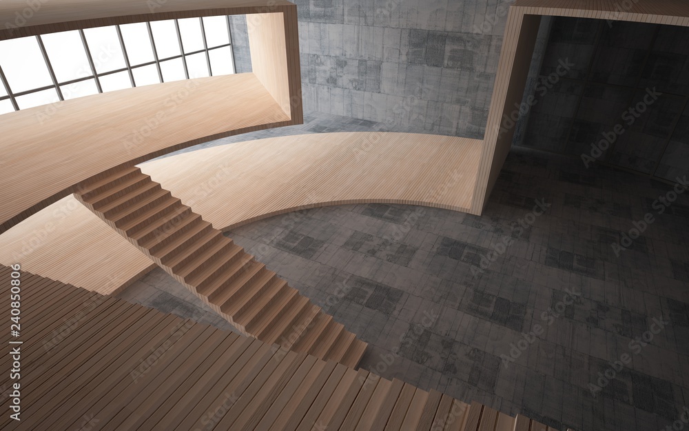 Obraz premium Abstract concrete and wood interior multilevel public space with window. 3D illustration and rendering.