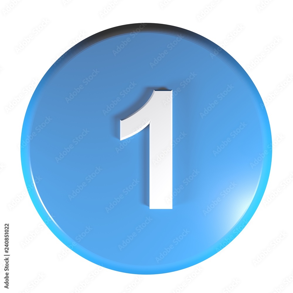 Number 1 blue circle push button - 3D rendering illustration Number 1 blue circle push button - 3D rendering illustration