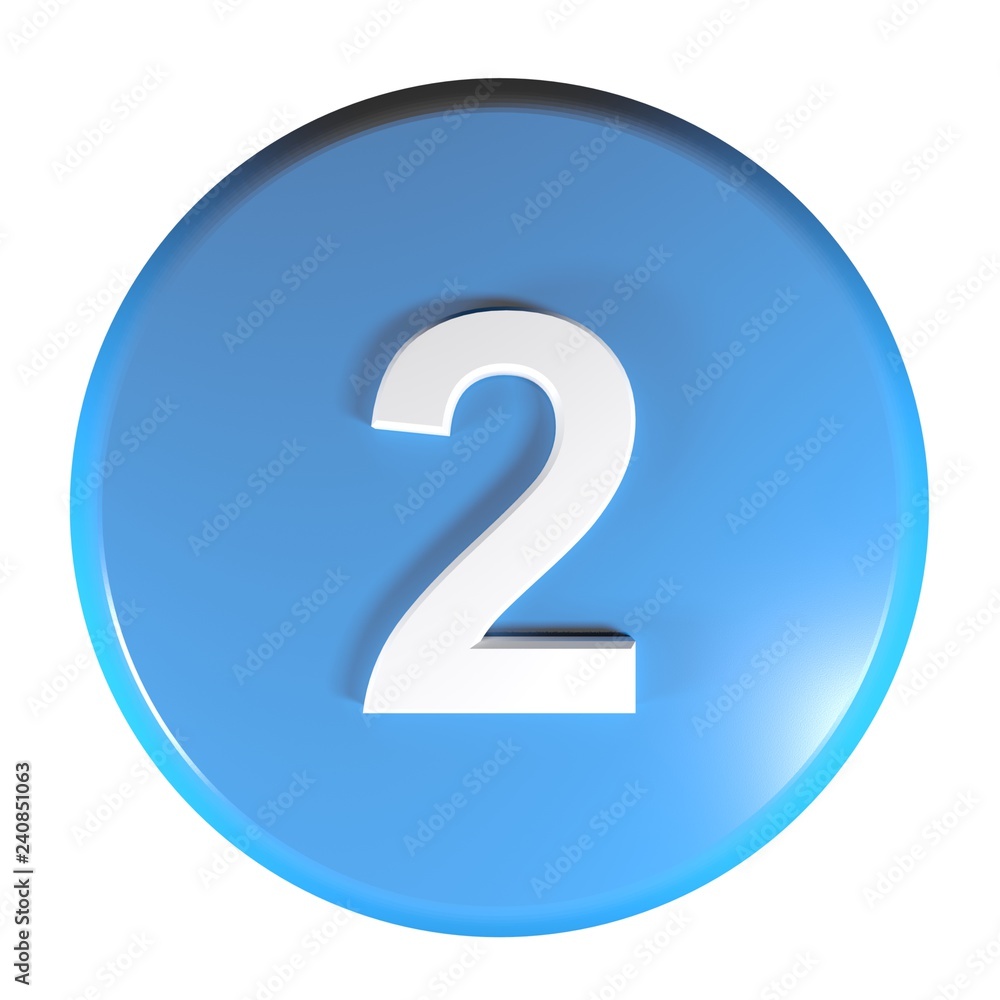Number 2 blue circle push button - 3D rendering illustration Number 2 blue circle push button - 3D rendering illustration