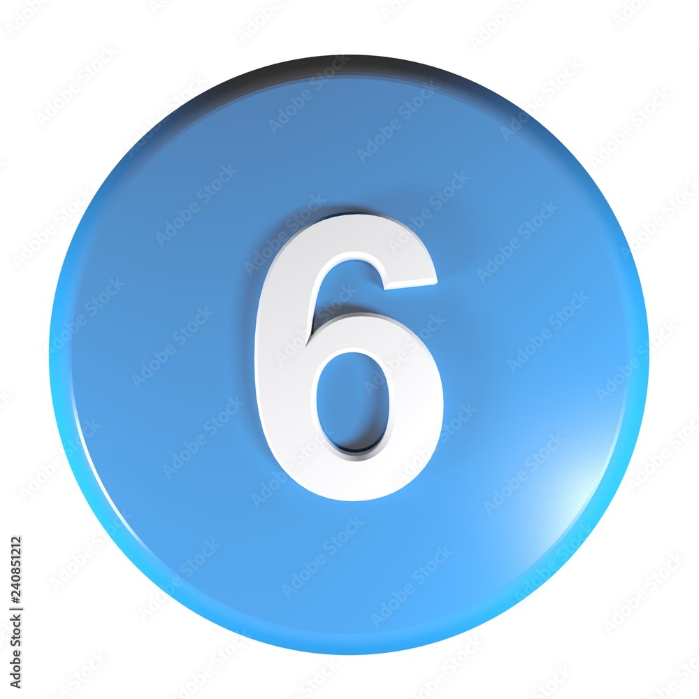 Number 6 blue circle push button - 3D rendering illustration Number 6 blue circle push button - 3D rendering illustration