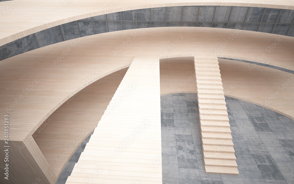 Fototapeta premium Abstract concrete and wood interior multilevel public space with window. 3D illustration and rendering.