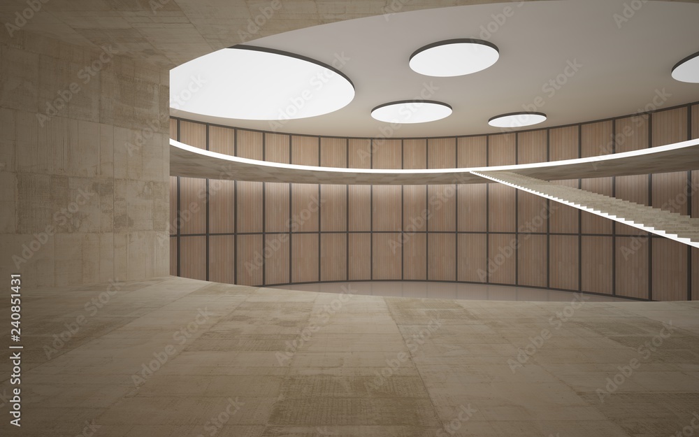 Obraz premium Abstract concrete and wood interior multilevel public space with neon lighting. 3D illustration and rendering.
