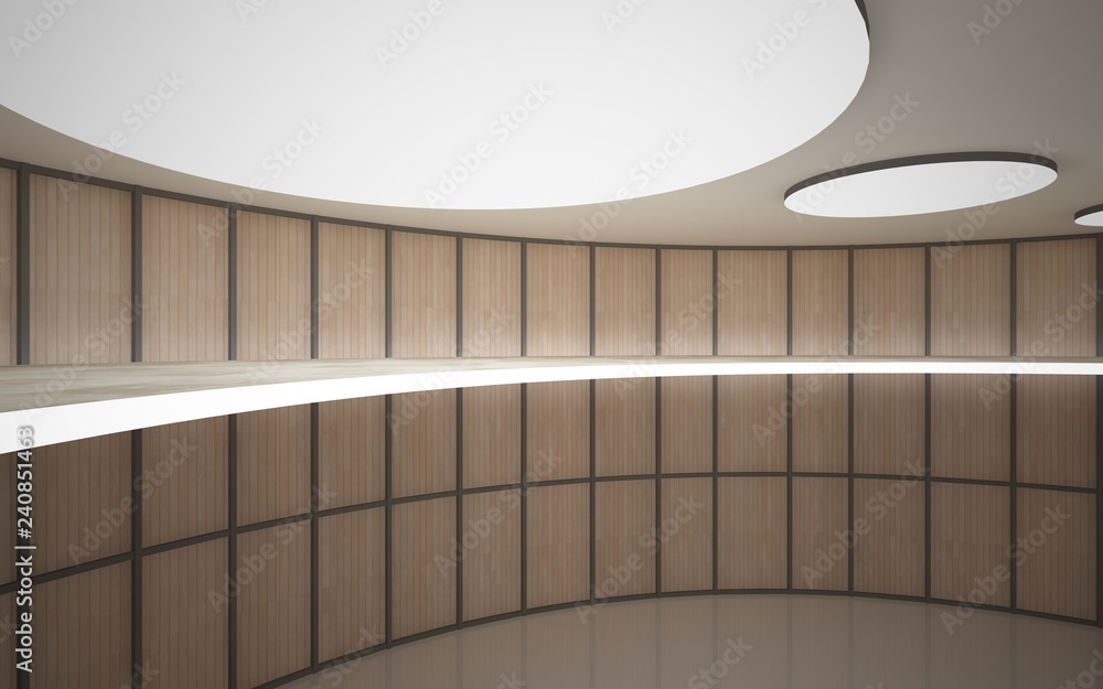 Obraz premium Abstract concrete and wood interior multilevel public space with neon lighting. 3D illustration and rendering.